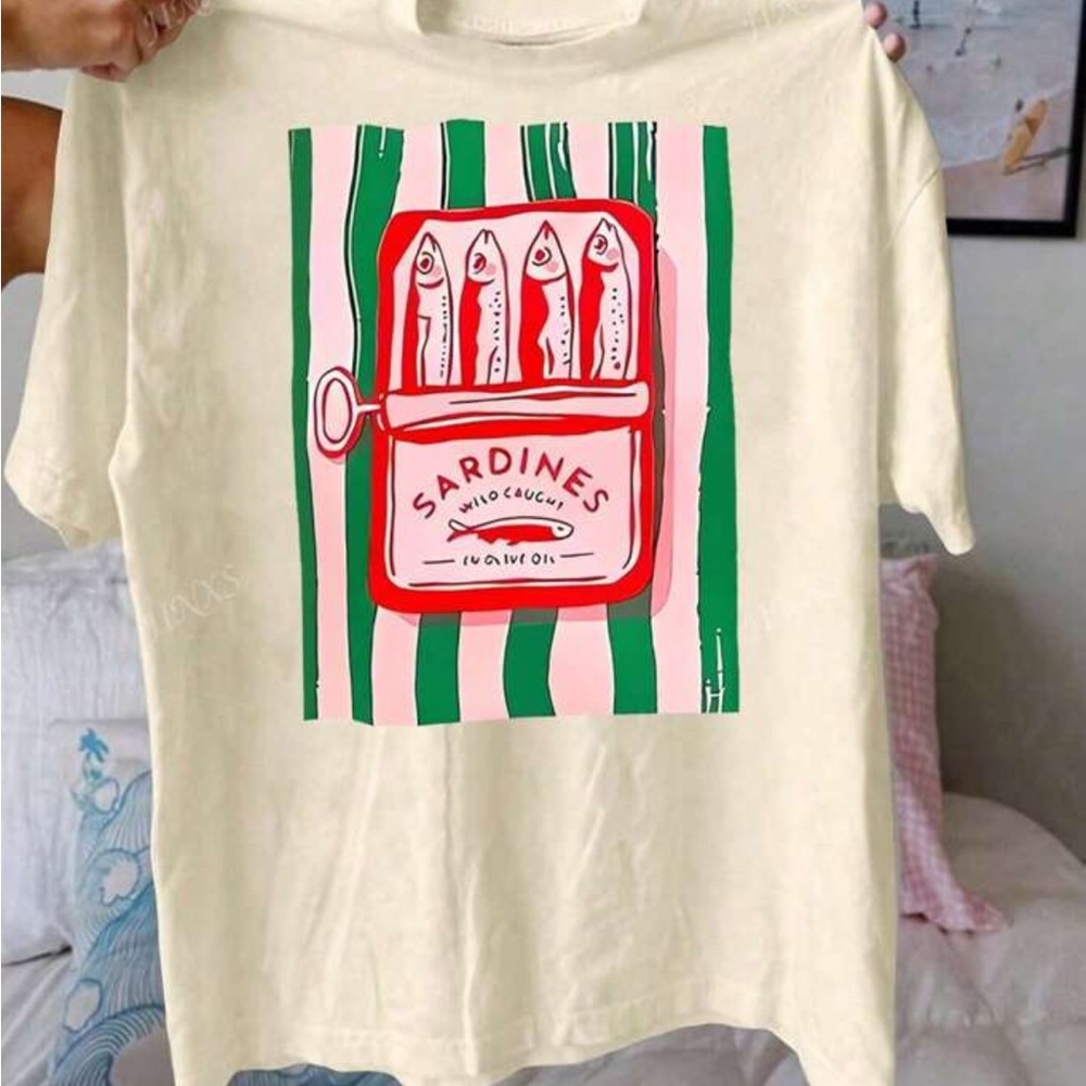 New Cream T-Shirt with Sardine Can Graphic